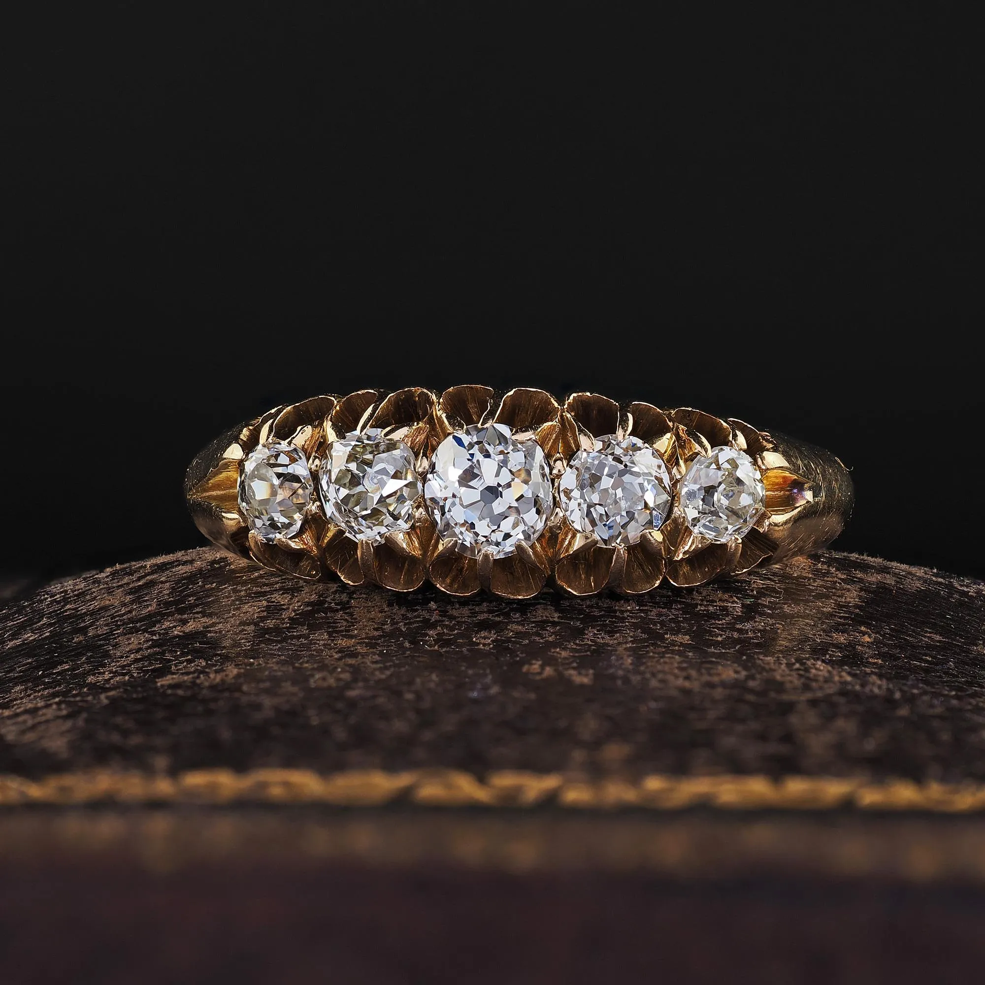 Antique Victorian English 18K Yellow Gold Old Mine Diamond Five Stone Band