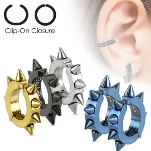 Awesome Stainless Steel Hinged SPIKED Hoop Huggie Style Clip-On Earrings. Available in 4 Colors.