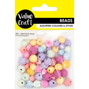 BEADS ROUND WOOD BEADS PASTEL 60PC
