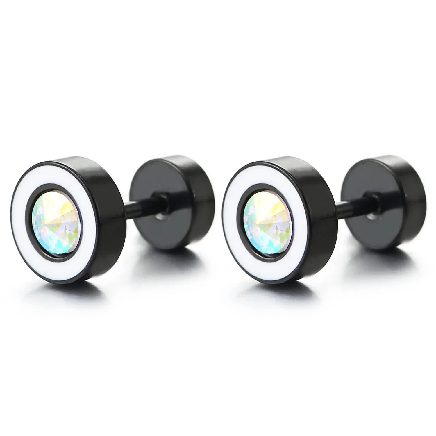 Black Circle Stud Earrings Spiked Rainbow CZ and White Enamel, Steel Cheater Fake Plugs Gauges