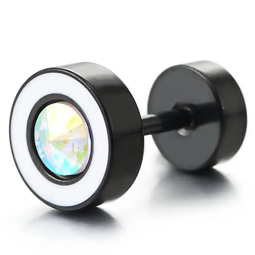 Black Circle Stud Earrings Spiked Rainbow CZ and White Enamel, Steel Cheater Fake Plugs Gauges