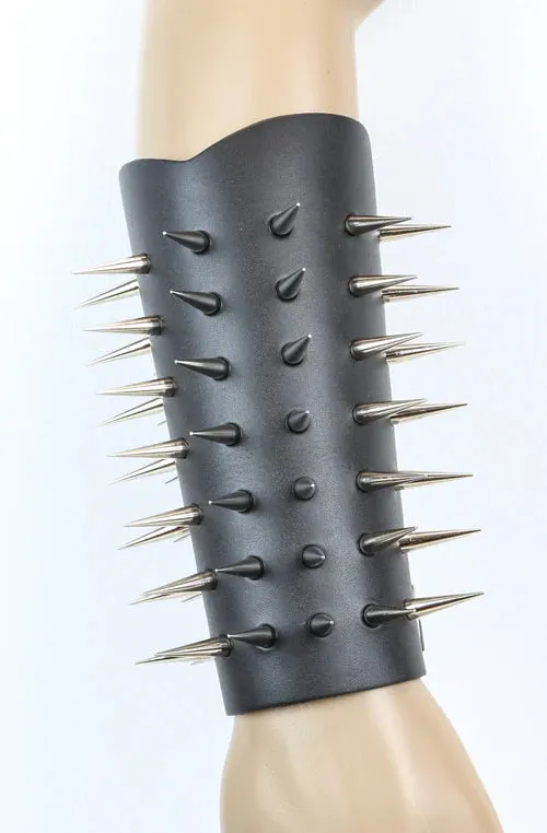 Black leather gauntlet w/ 7 rows of silver needle spikes