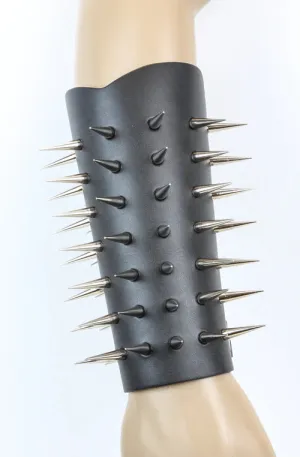 Black leather gauntlet w/ 7 rows of silver needle spikes