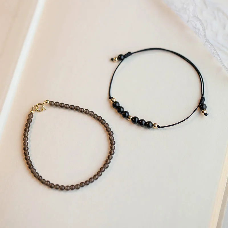 Buddha Stones Smoky Quartz Black Obsidian Ultra-thin Beads Success Bracelet
