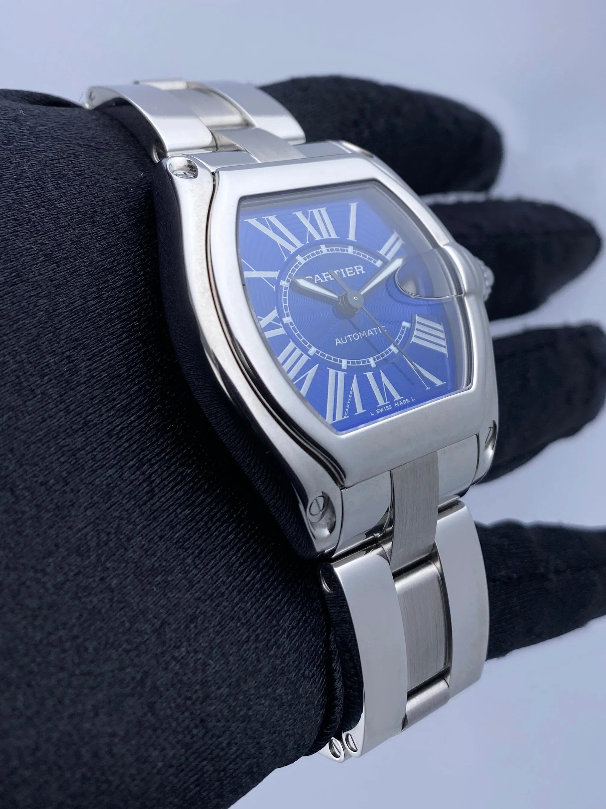 Cartier Roadster W62025V3 Blue Enamel Dial Steel Mens Watch