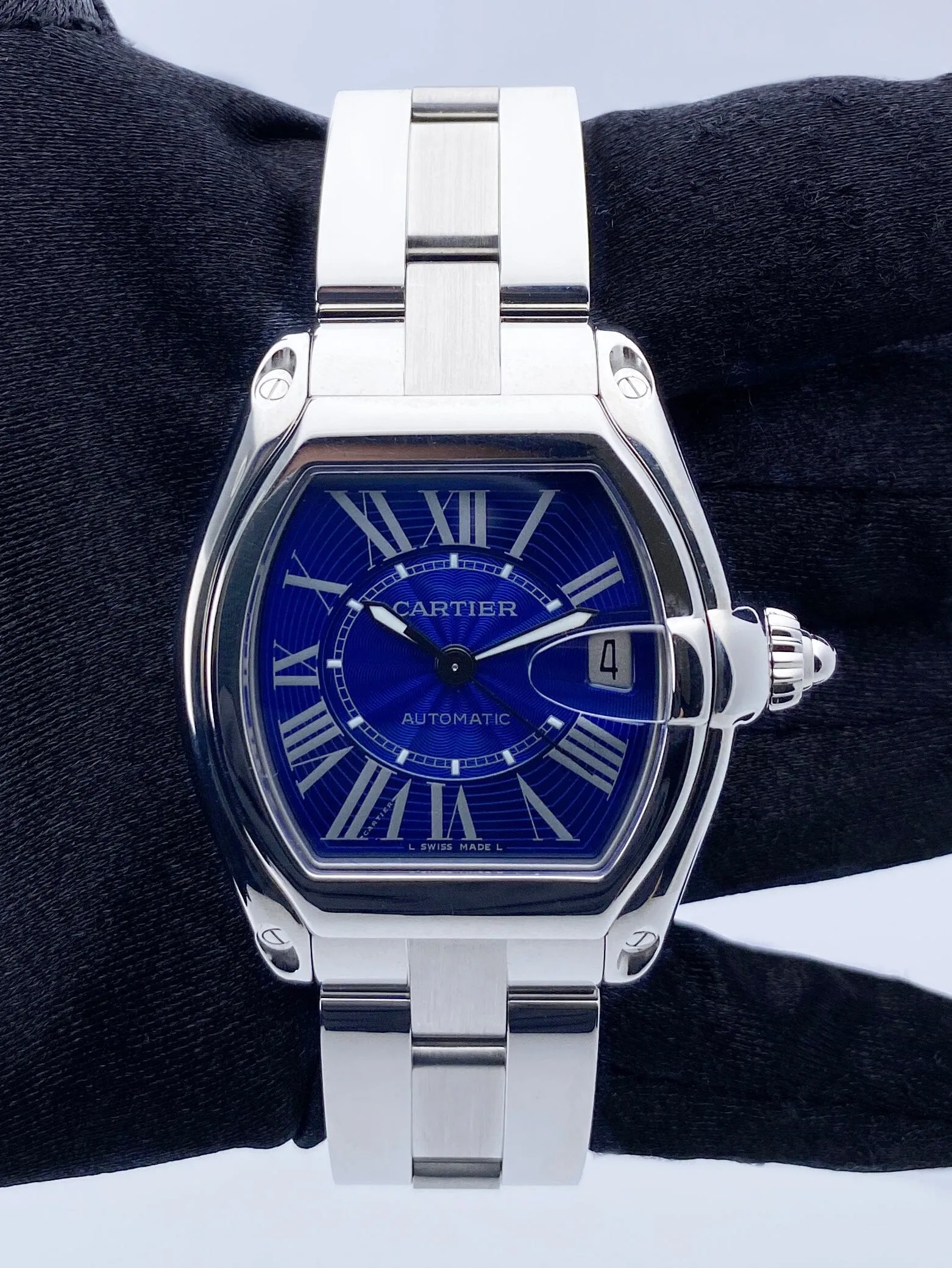 Cartier Roadster W62025V3 Blue Enamel Dial Steel Mens Watch
