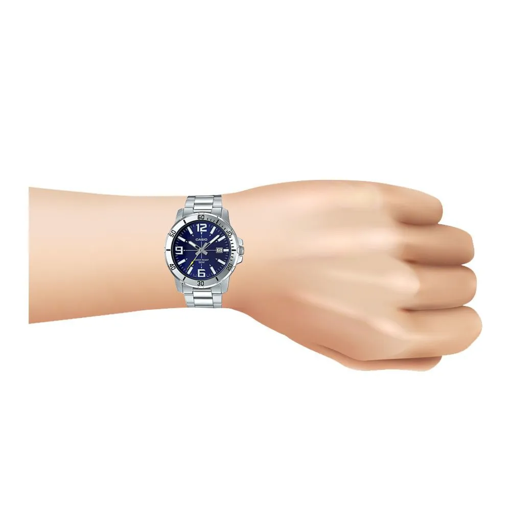 Casio Men's Enticer Analog Blue Dial Casual Watch, Stainless Steel Band, MTP-VD01D-2BVUDF