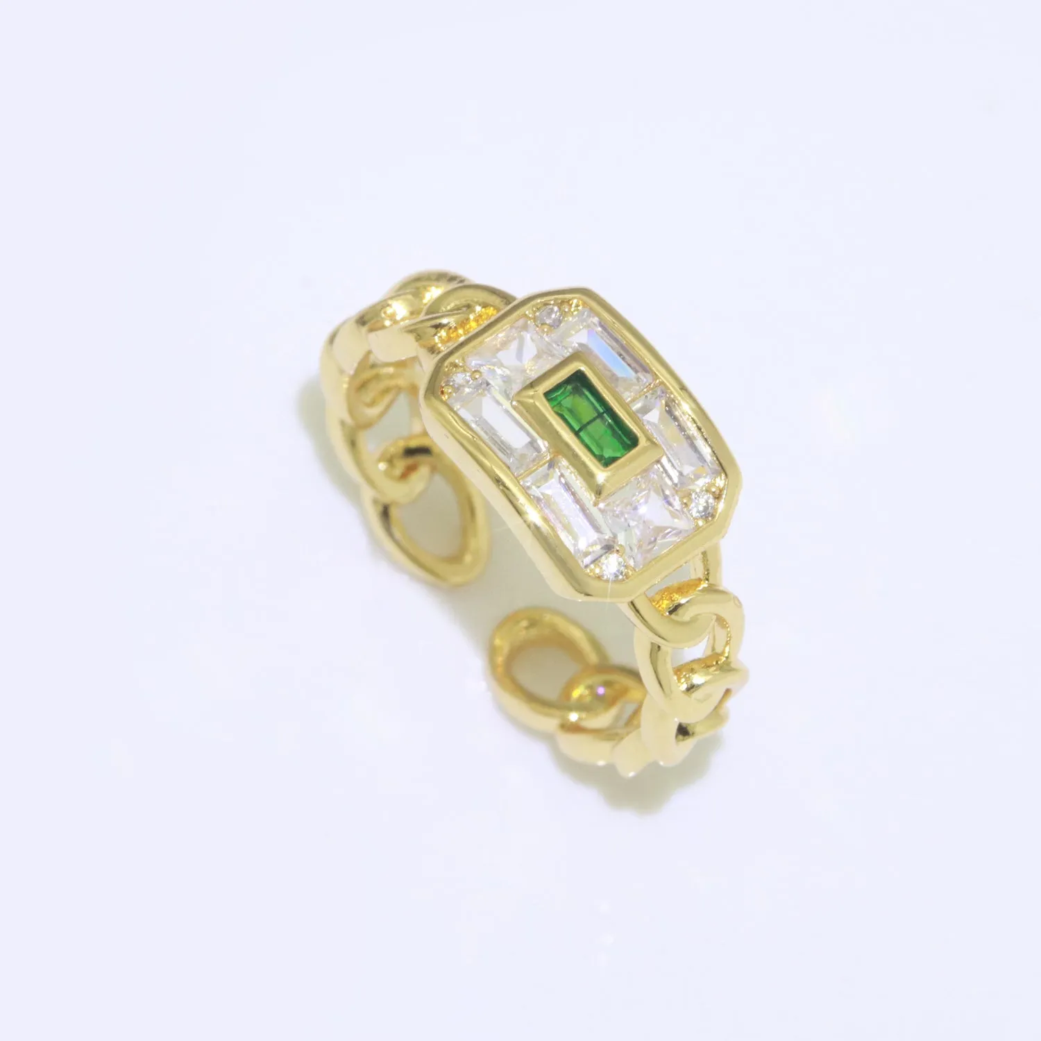 Chain Ring Chunky Curb Chain Ring Statement Gold Stackable Rings Cocktail Ring Blue, Pink, Green Cz Stone S-135 ~ S-137