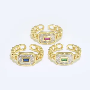 Chain Ring Chunky Curb Chain Ring Statement Gold Stackable Rings Cocktail Ring Blue, Pink, Green Cz Stone S-135 ~ S-137