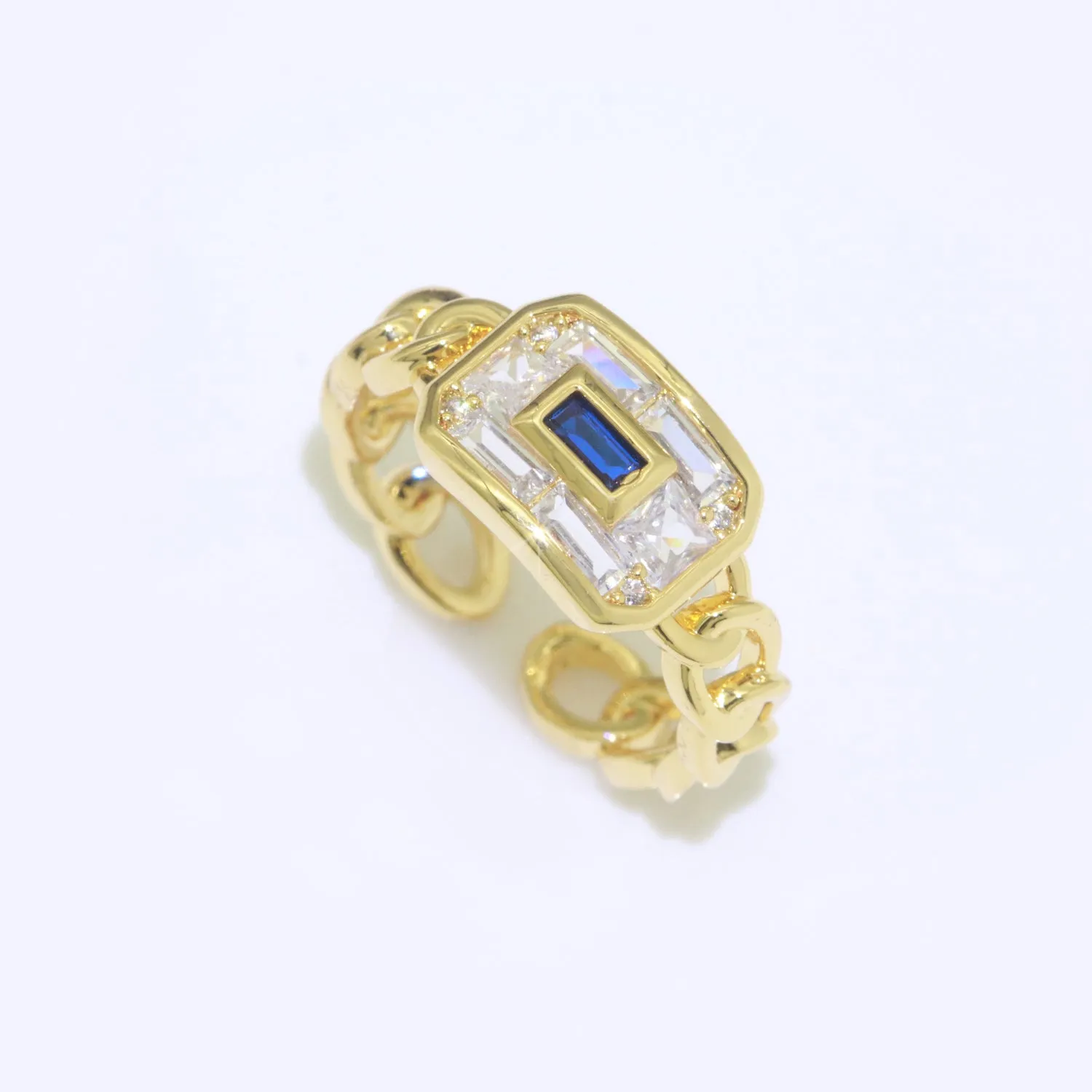 Chain Ring Chunky Curb Chain Ring Statement Gold Stackable Rings Cocktail Ring Blue, Pink, Green Cz Stone S-135 ~ S-137