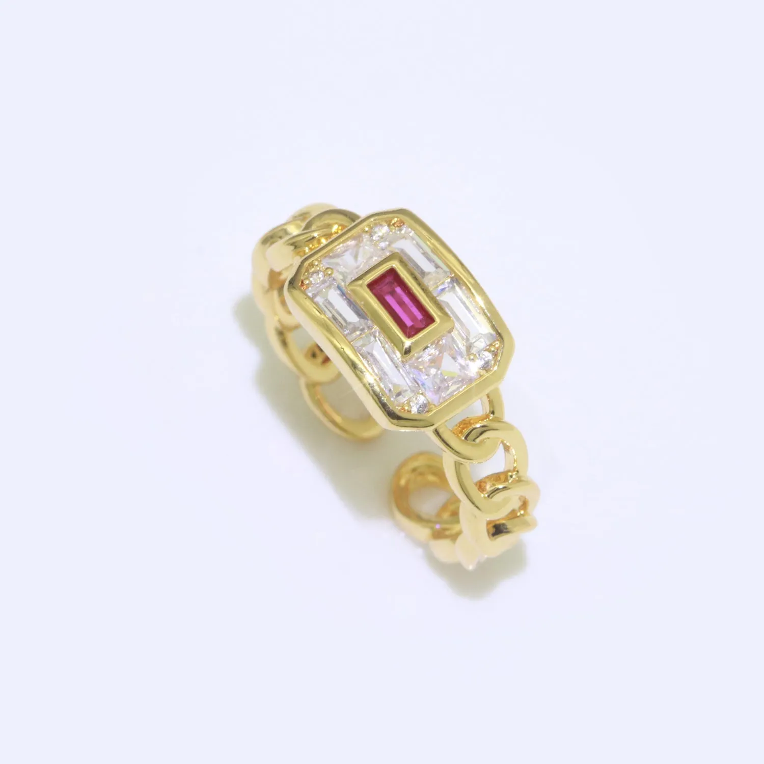 Chain Ring Chunky Curb Chain Ring Statement Gold Stackable Rings Cocktail Ring Blue, Pink, Green Cz Stone S-135 ~ S-137