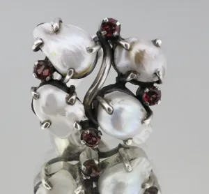 Chunky Sterling Silver and Large Baroque Pearl & Garnet Custom Made Ring