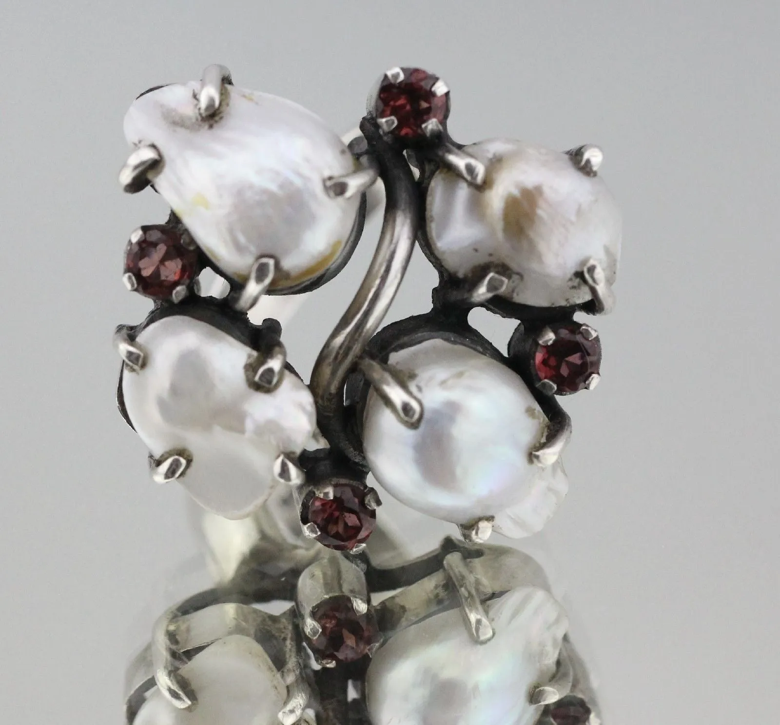 Chunky Sterling Silver and Large Baroque Pearl & Garnet Custom Made Ring
