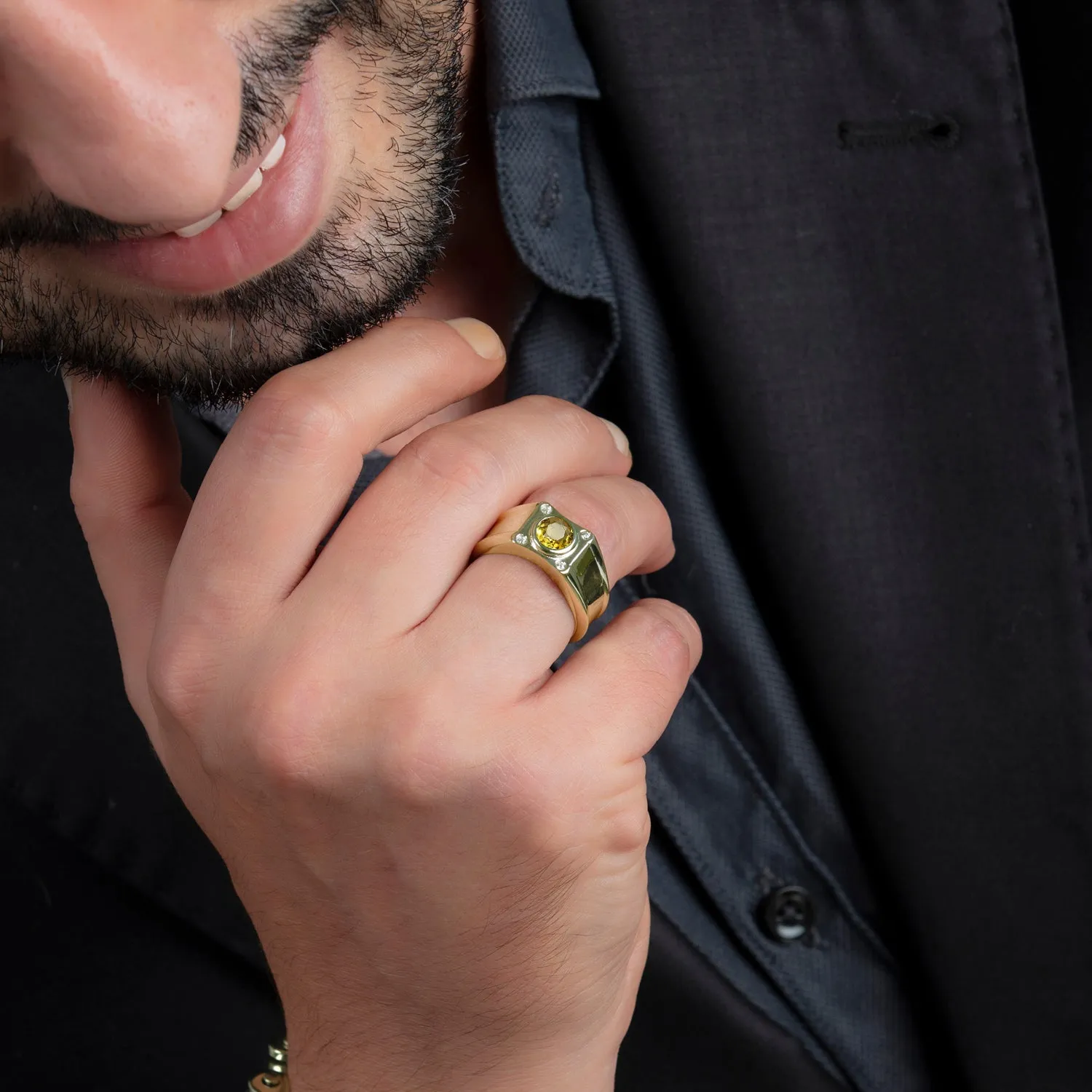 Citrine Round Retro Male Ring with 0.12ctw Natural Diamonds Gold-Plated Solid Silver Jewelry