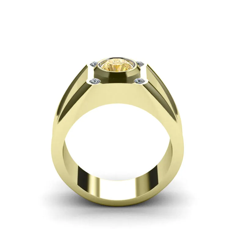 Citrine Round Retro Male Ring with 0.12ctw Natural Diamonds Gold-Plated Solid Silver Jewelry
