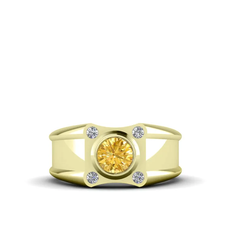 Citrine Round Retro Male Ring with 0.12ctw Natural Diamonds Gold-Plated Solid Silver Jewelry