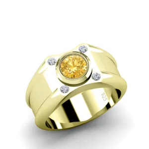 Citrine Round Retro Male Ring with 0.12ctw Natural Diamonds Gold-Plated Solid Silver Jewelry