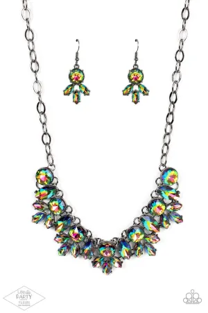 Combustible Charisma - Multi - Oil Spill Gem Gunmetal Statement Paparazzi Short Necklace - Pink Diamond Exclusive