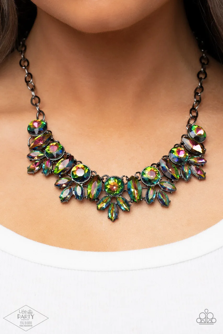 Combustible Charisma - Multi - Oil Spill Gem Gunmetal Statement Paparazzi Short Necklace - Pink Diamond Exclusive