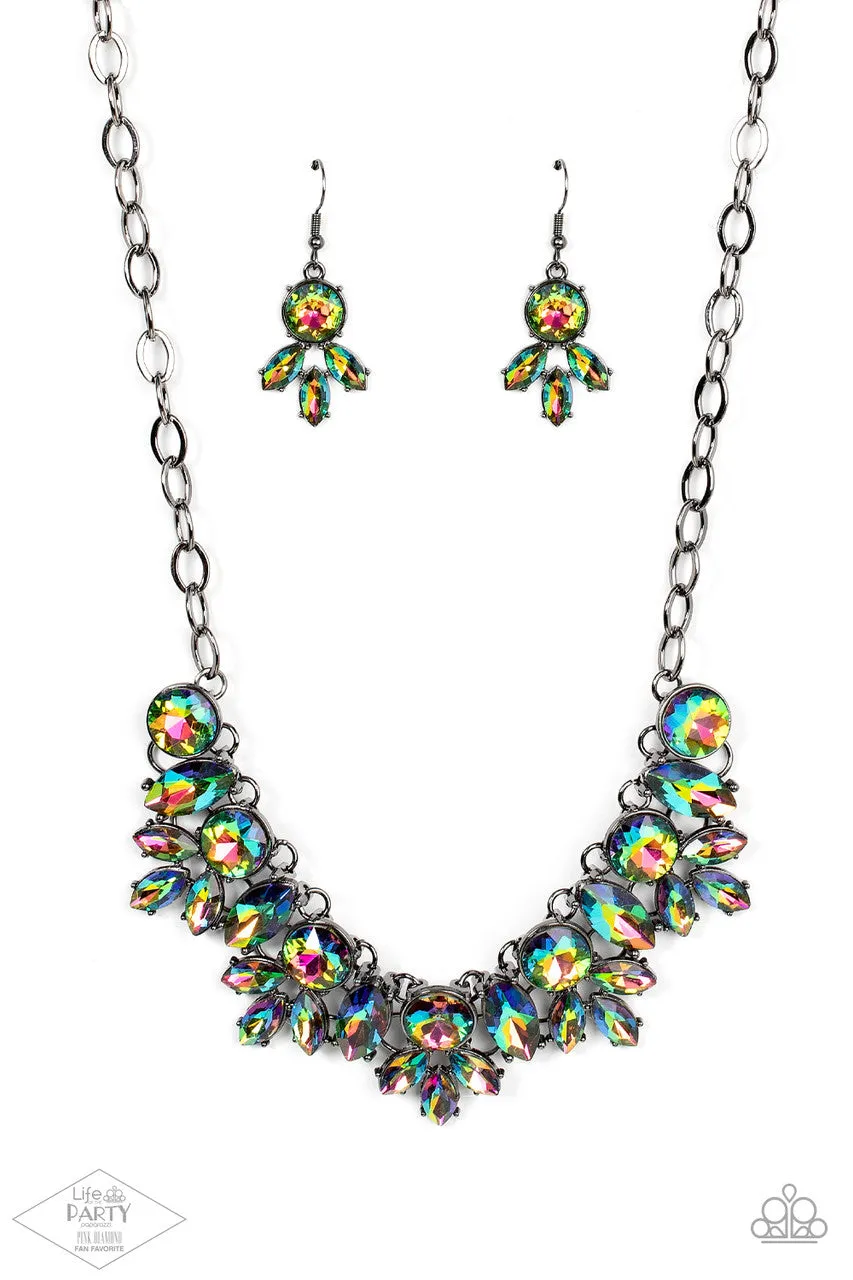 Combustible Charisma - Multi - Oil Spill Gem Gunmetal Statement Paparazzi Short Necklace - Pink Diamond Exclusive