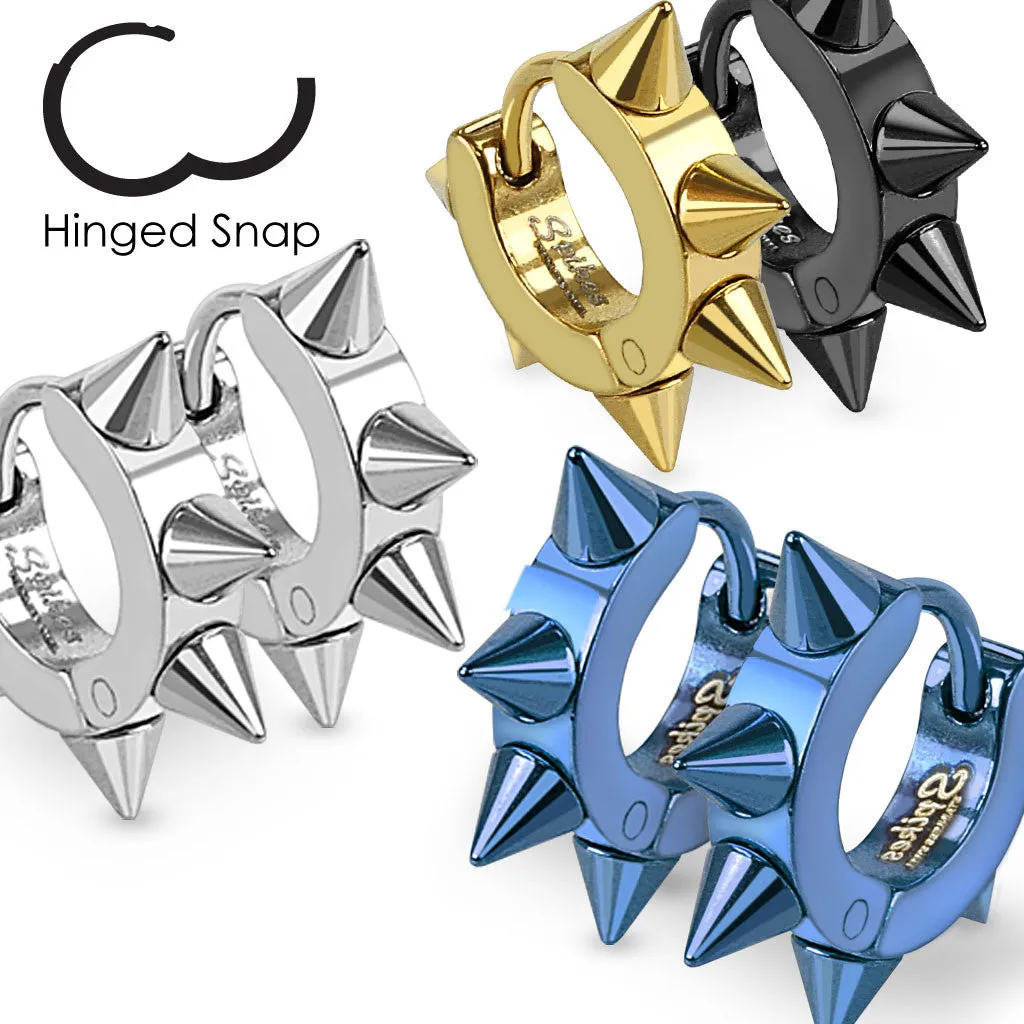 Cool Modern Stainless Steel Spiked Hoop Huggie Earrings. 10mm. Available in 4 Colors.