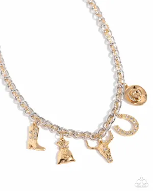 Cowboy Collection - Gold - Mixed Metal and White Rhinestone Western Charm Paparazzi Short Necklace - 2024 Empower Me Pink Exclusive