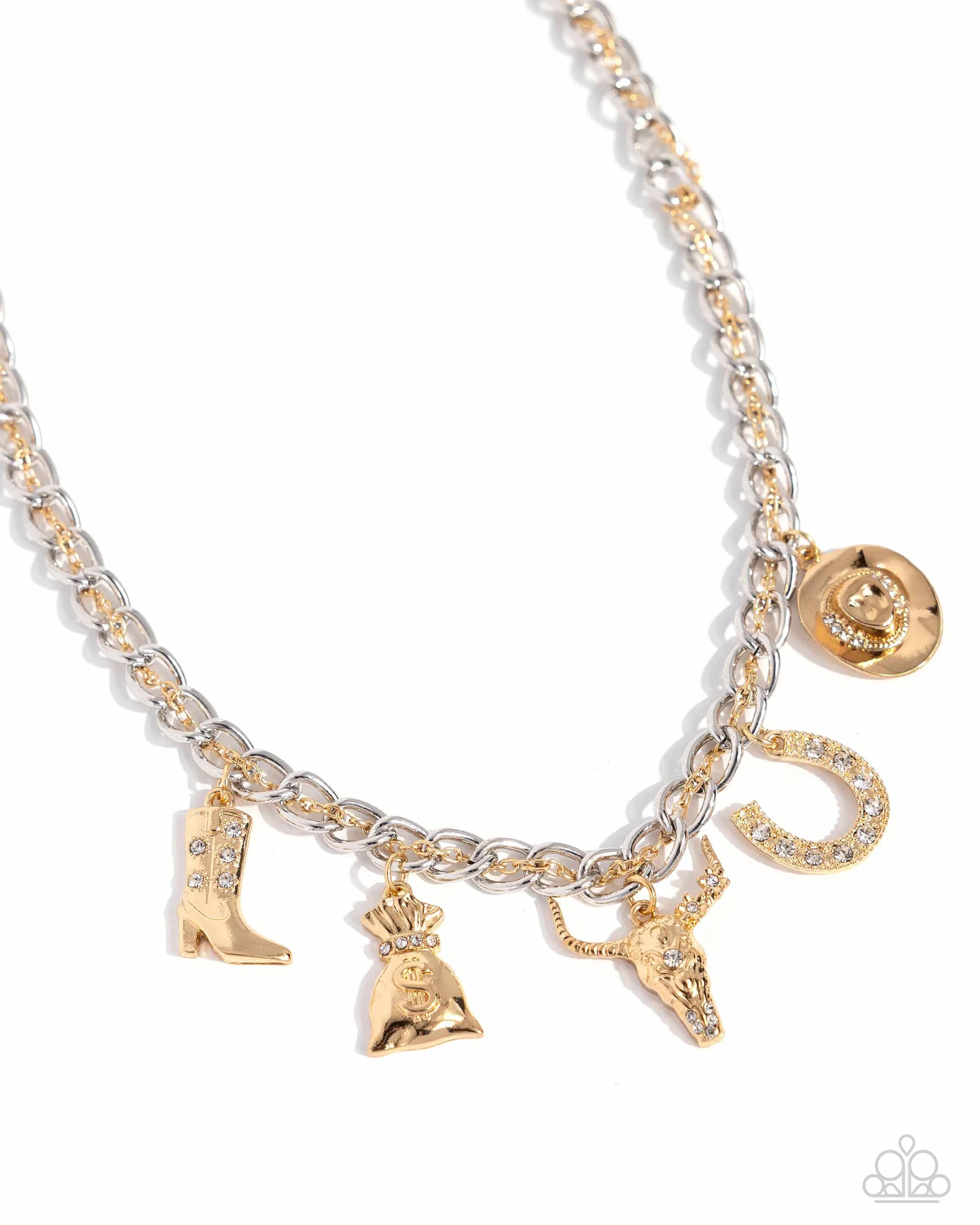 Cowboy Collection - Gold - Mixed Metal and White Rhinestone Western Charm Paparazzi Short Necklace - 2024 Empower Me Pink Exclusive