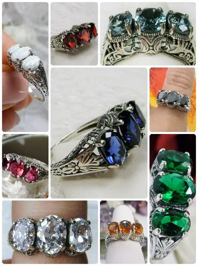 D41, Trinity Ring, Simulated or CZ Gemstones, Three Gem Art Deco Jewelry Design#D41