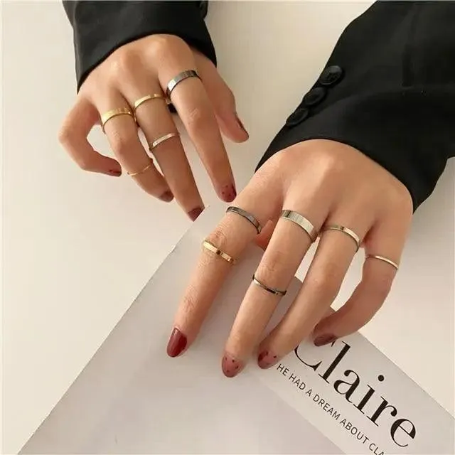 Dazzling Gold Color Round Geometric Finger Rings Set For Women And Girls Vintage Multiple Midi Finger Ring Sets