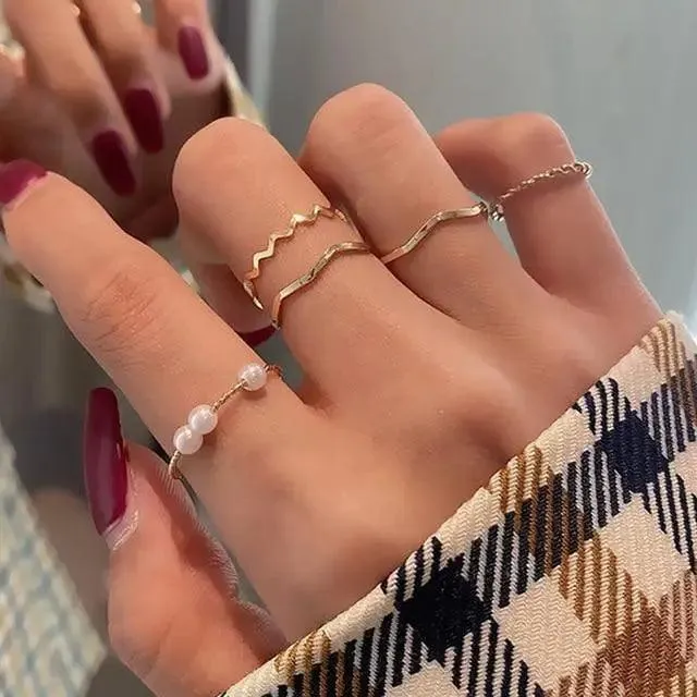Dazzling Gold Color Round Geometric Finger Rings Set For Women And Girls Vintage Multiple Midi Finger Ring Sets