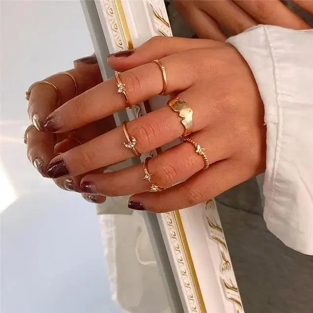 Dazzling Gold Color Round Geometric Finger Rings Set For Women And Girls Vintage Multiple Midi Finger Ring Sets