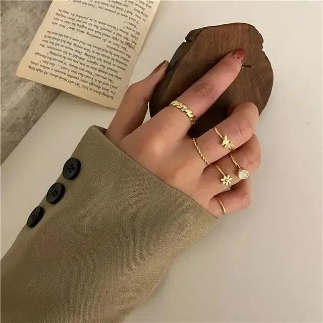 Dazzling Gold Color Round Geometric Finger Rings Set For Women And Girls Vintage Multiple Midi Finger Ring Sets