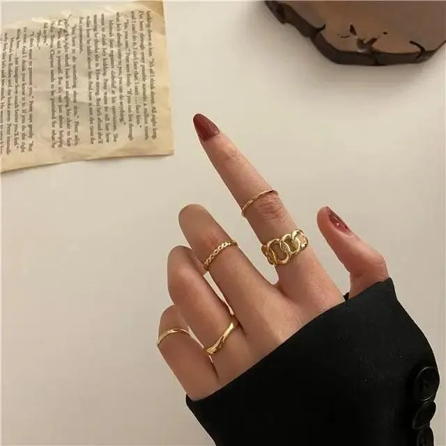 Dazzling Gold Color Round Geometric Finger Rings Set For Women And Girls Vintage Multiple Midi Finger Ring Sets