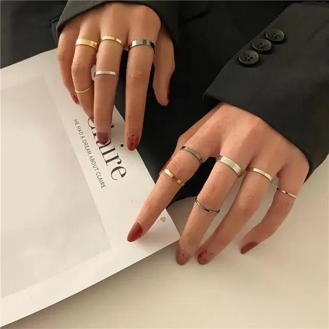 Dazzling Gold Color Round Geometric Finger Rings Set For Women And Girls Vintage Multiple Midi Finger Ring Sets