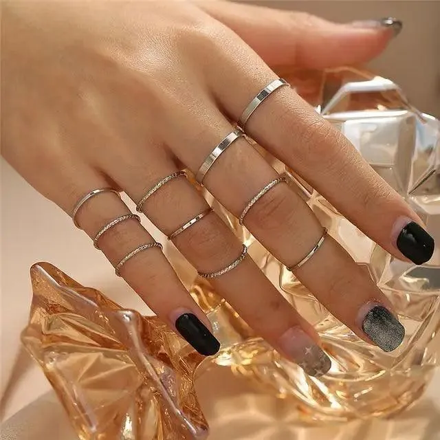 Dazzling Gold Color Round Geometric Finger Rings Set For Women And Girls Vintage Multiple Midi Finger Ring Sets