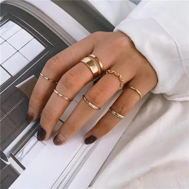 Dazzling Gold Color Round Geometric Finger Rings Set For Women And Girls Vintage Multiple Midi Finger Ring Sets