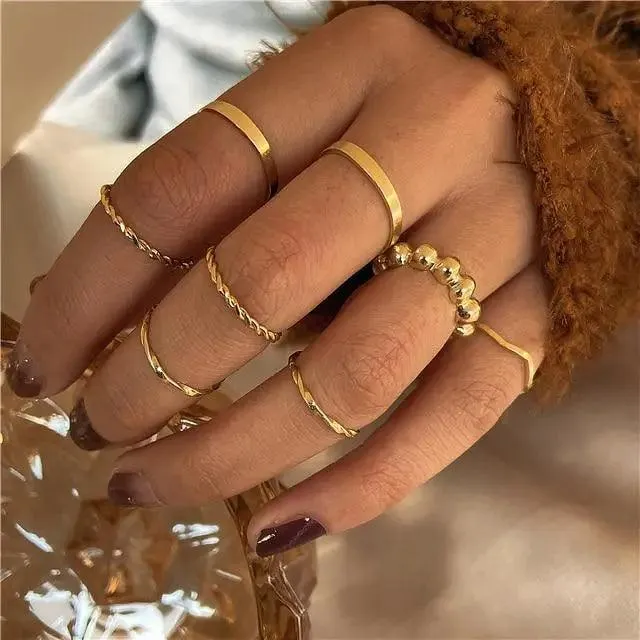 Dazzling Gold Color Round Geometric Finger Rings Set For Women And Girls Vintage Multiple Midi Finger Ring Sets