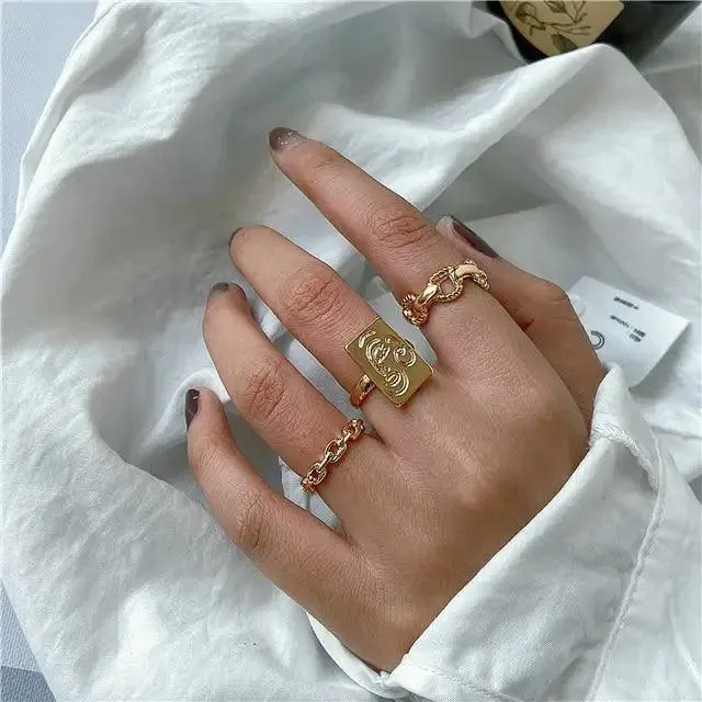 Dazzling Gold Color Round Geometric Finger Rings Set For Women And Girls Vintage Multiple Midi Finger Ring Sets