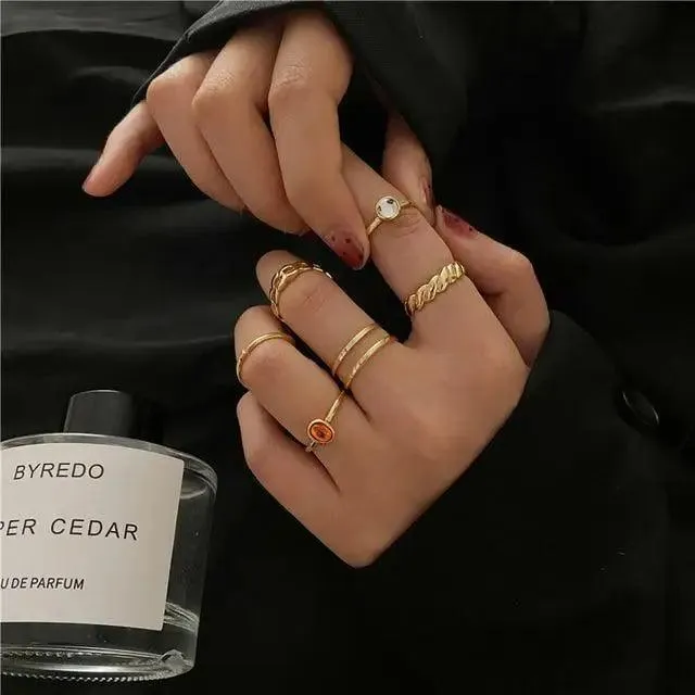 Dazzling Gold Color Round Geometric Finger Rings Set For Women And Girls Vintage Multiple Midi Finger Ring Sets