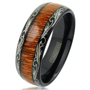 Delightful Black Tungsten Ring with Wood Grain Inlay and Gold Leaf Edge Accent