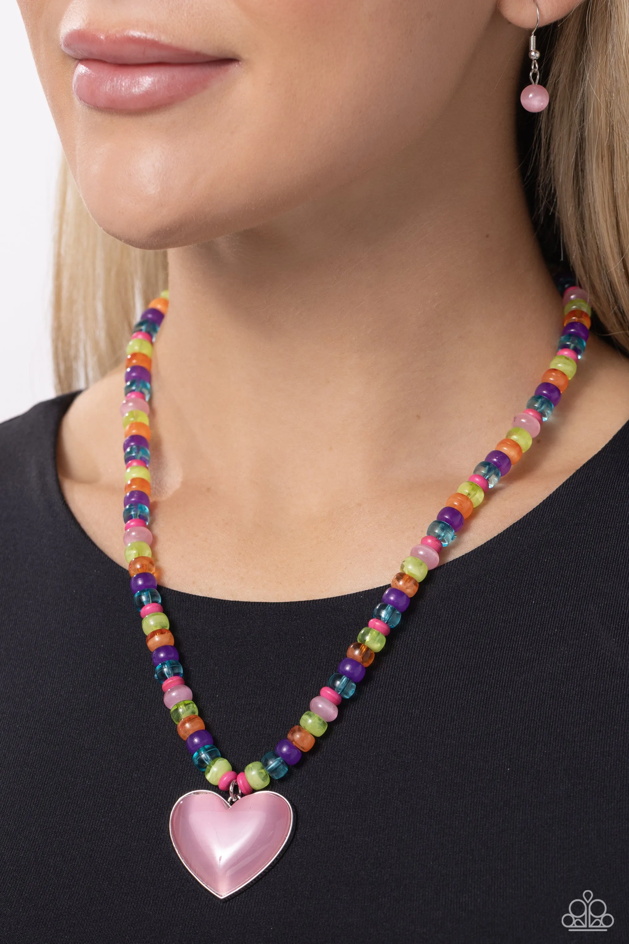 Desertscape Delight - Pink - Cat's Eye Stone Heart Multicolored Bead Paparazzi Short Necklace