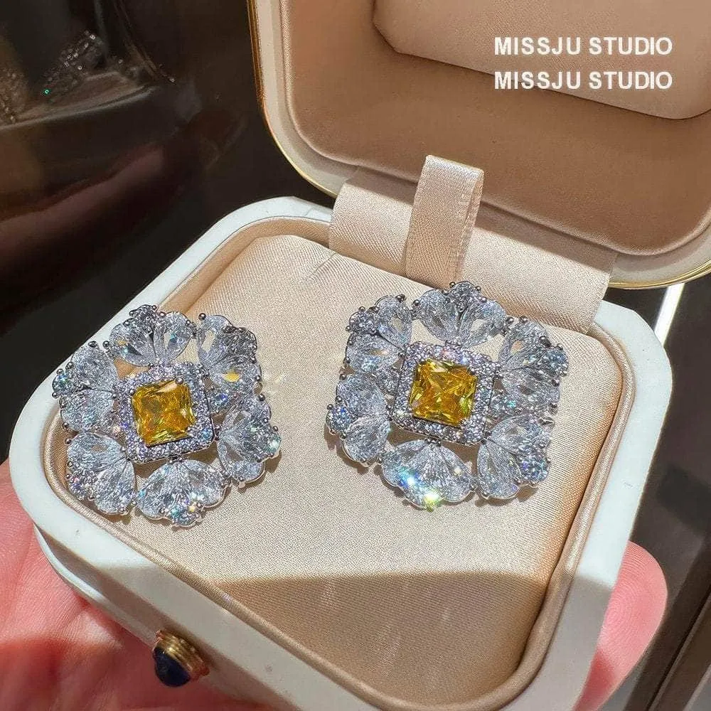 Diamante Halo Spiked Canary Yellow Round Floral Deco Earrings