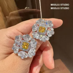 Diamante Halo Spiked Canary Yellow Round Floral Deco Earrings