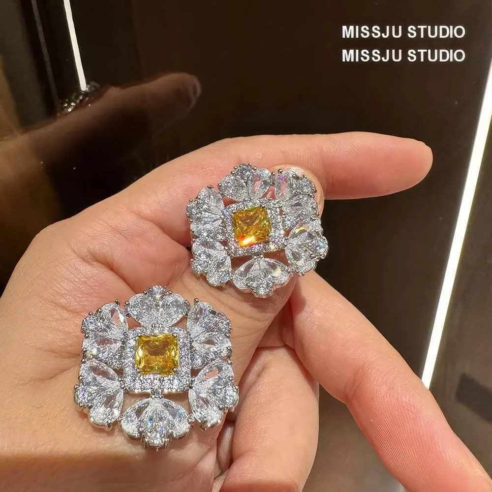 Diamante Halo Spiked Canary Yellow Round Floral Deco Earrings