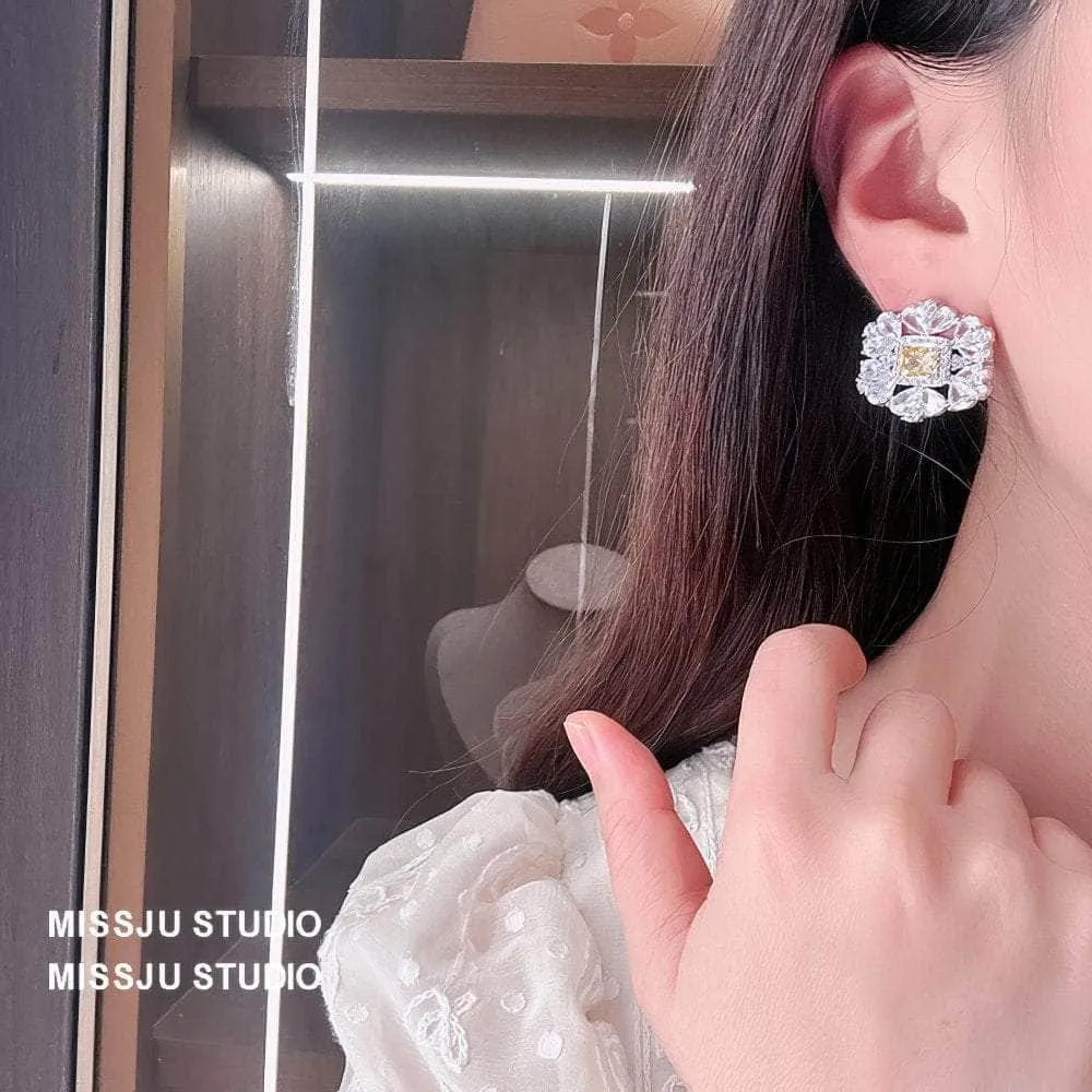Diamante Halo Spiked Canary Yellow Round Floral Deco Earrings