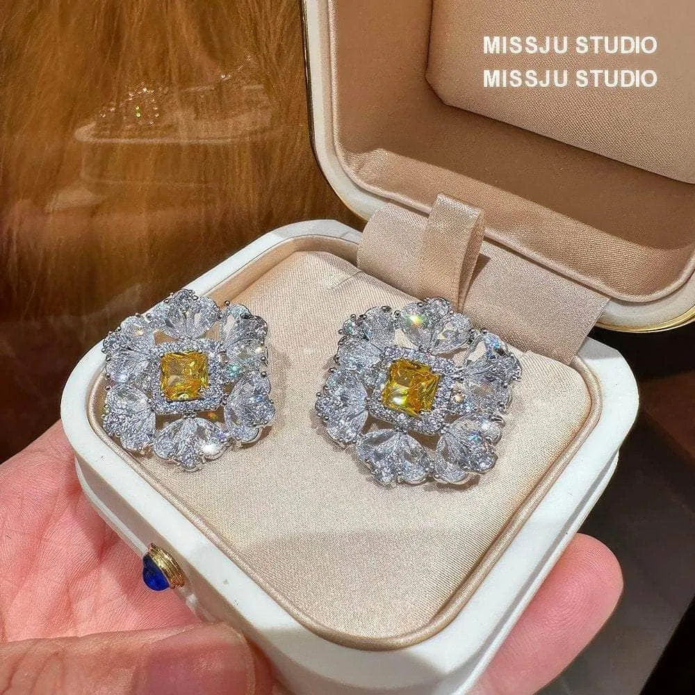 Diamante Halo Spiked Canary Yellow Round Floral Deco Earrings