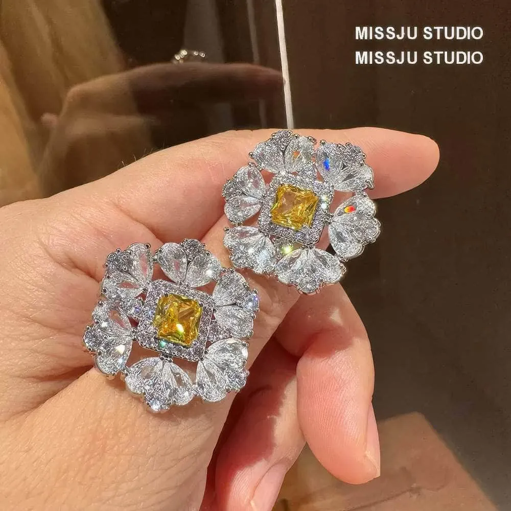 Diamante Halo Spiked Canary Yellow Round Floral Deco Earrings
