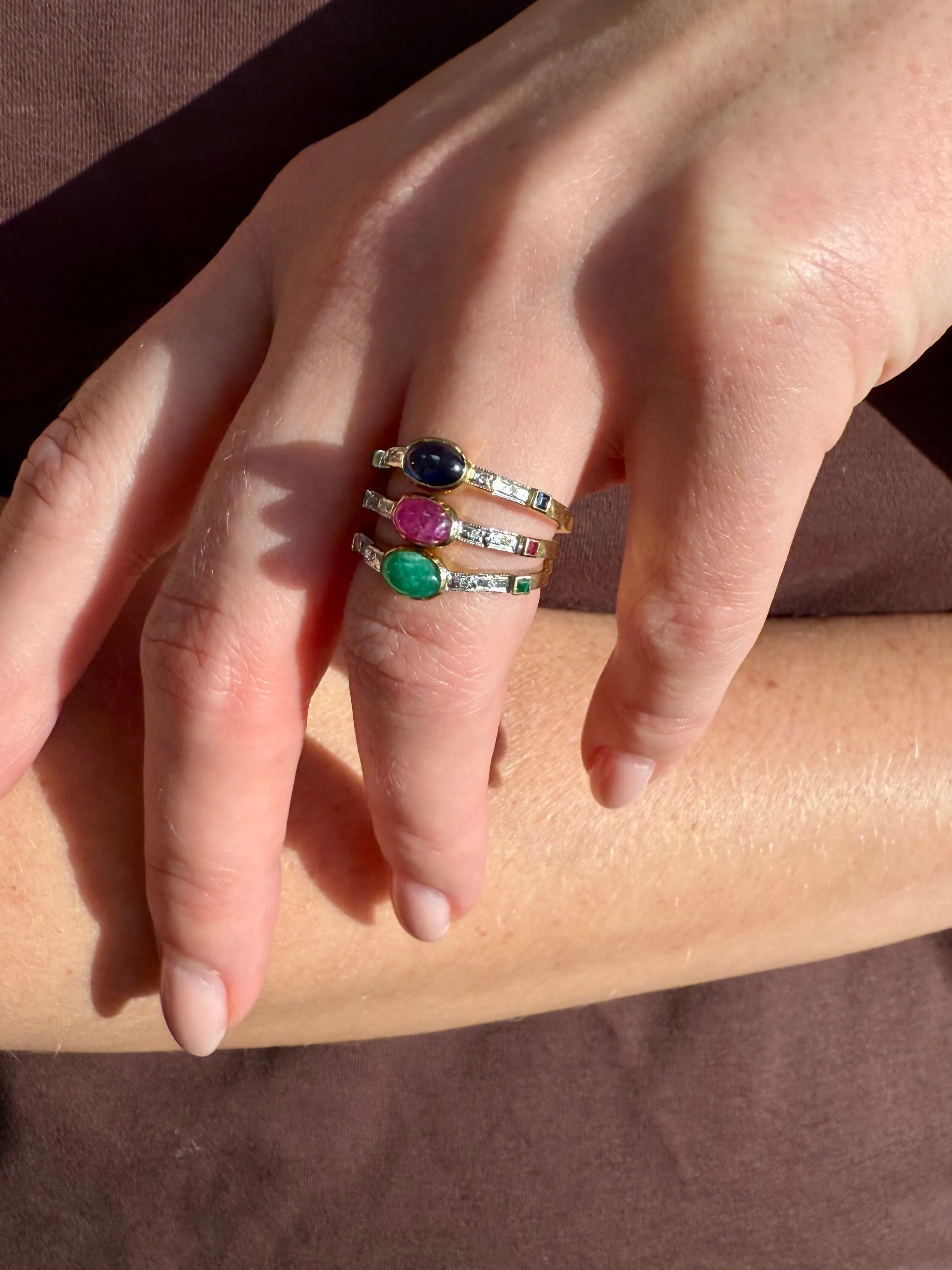 Diamond Band Trio with Blue Sapphire, Emerald & Ruby