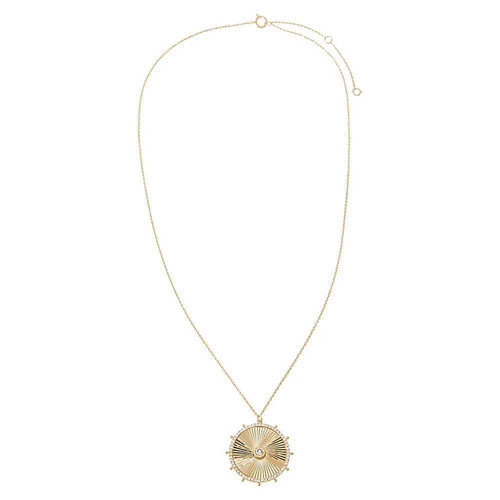 Diamond Bezel Ridged Disc Pendant Necklace 14K