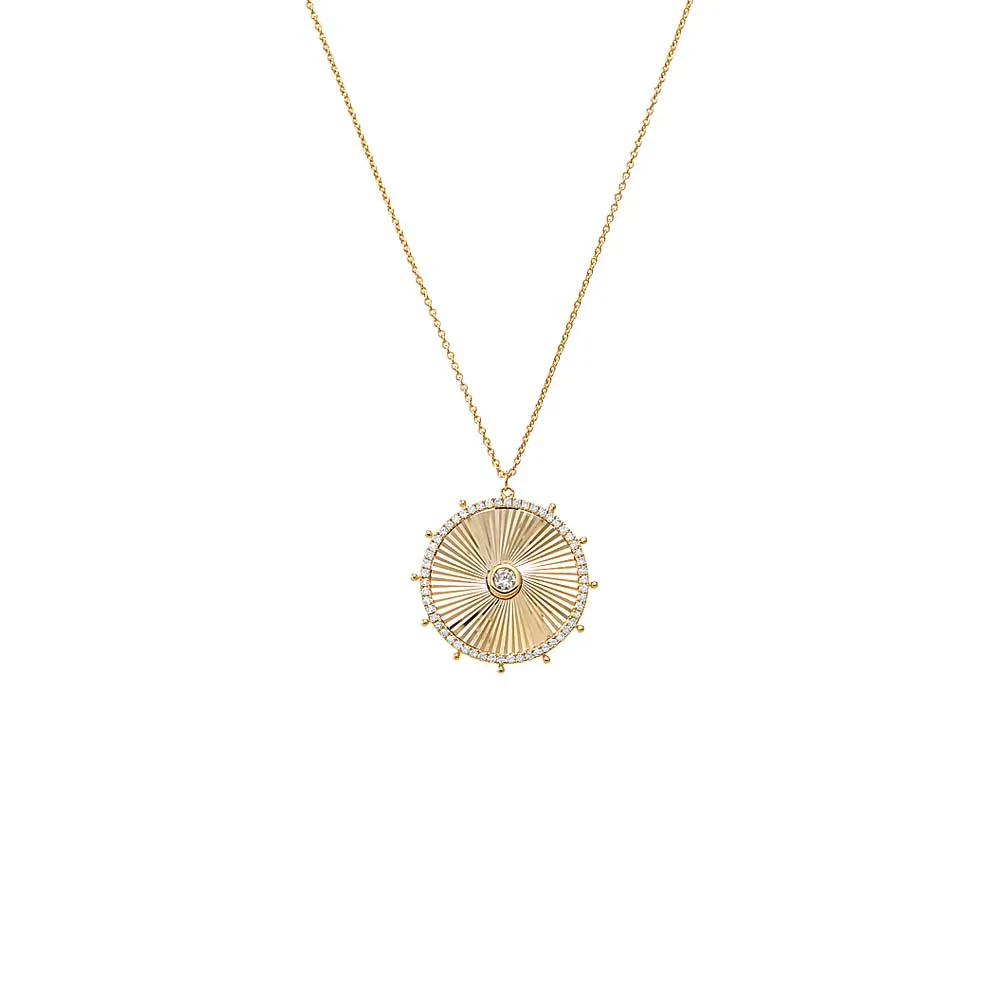 Diamond Bezel Ridged Disc Pendant Necklace 14K